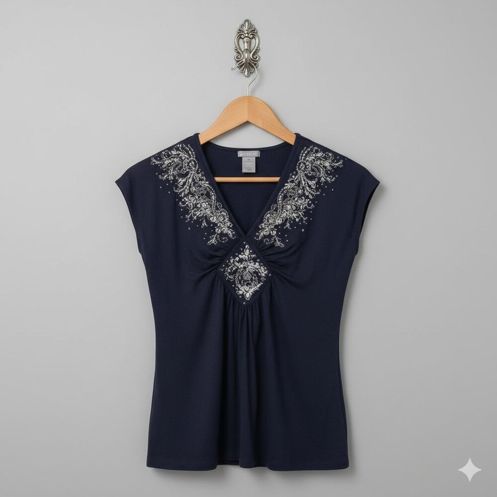 Ann Taylor Small Petite · Sleeveless V-Neck Knit Shell · Beige Embroidery · Blue